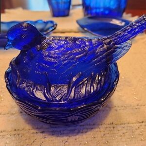 Blue Cobalt Bird Dish And Jar